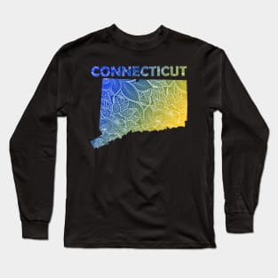 Colorful mandala art map of Connecticut with text in blue and yellow Long Sleeve T-Shirt